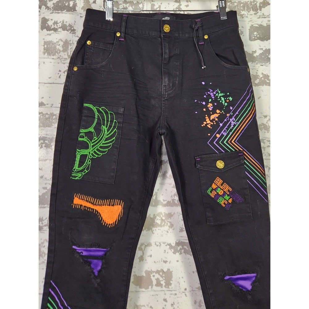 Blac‎ Leaf Wisdom and Legacy Mens Black Denim Jeans 32x32 Patches Streetwear Y2K - Picture 2 of 16